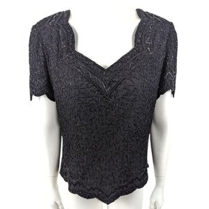 Vintage 90s Beaded Silk Blouse Evening Top Formal Womens Large Black Whimsigoth